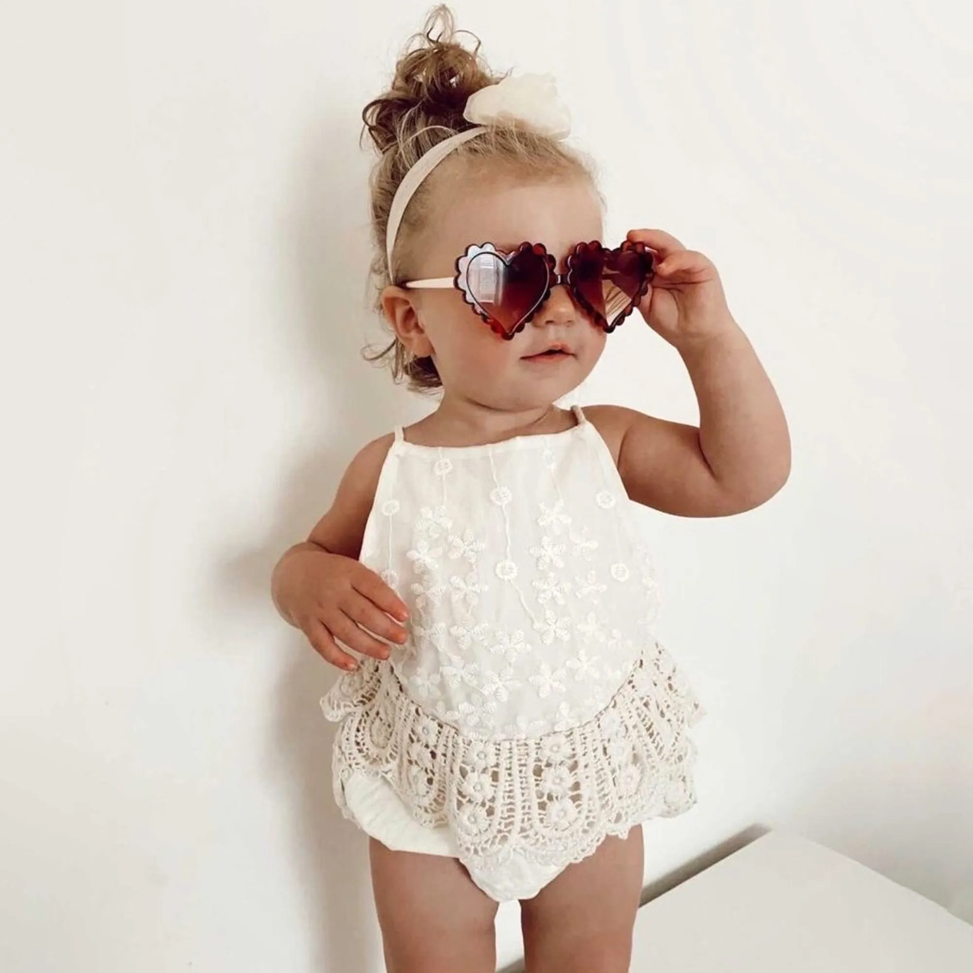 Boho Baby Girl Crochet Lace Romper for First Birthday Cake Smash Photoshoot