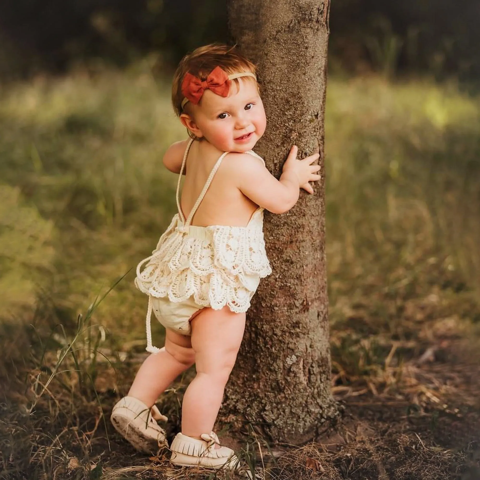 Boho Baby Girl Crochet Lace Romper for First Birthday Cake Smash Photoshoot