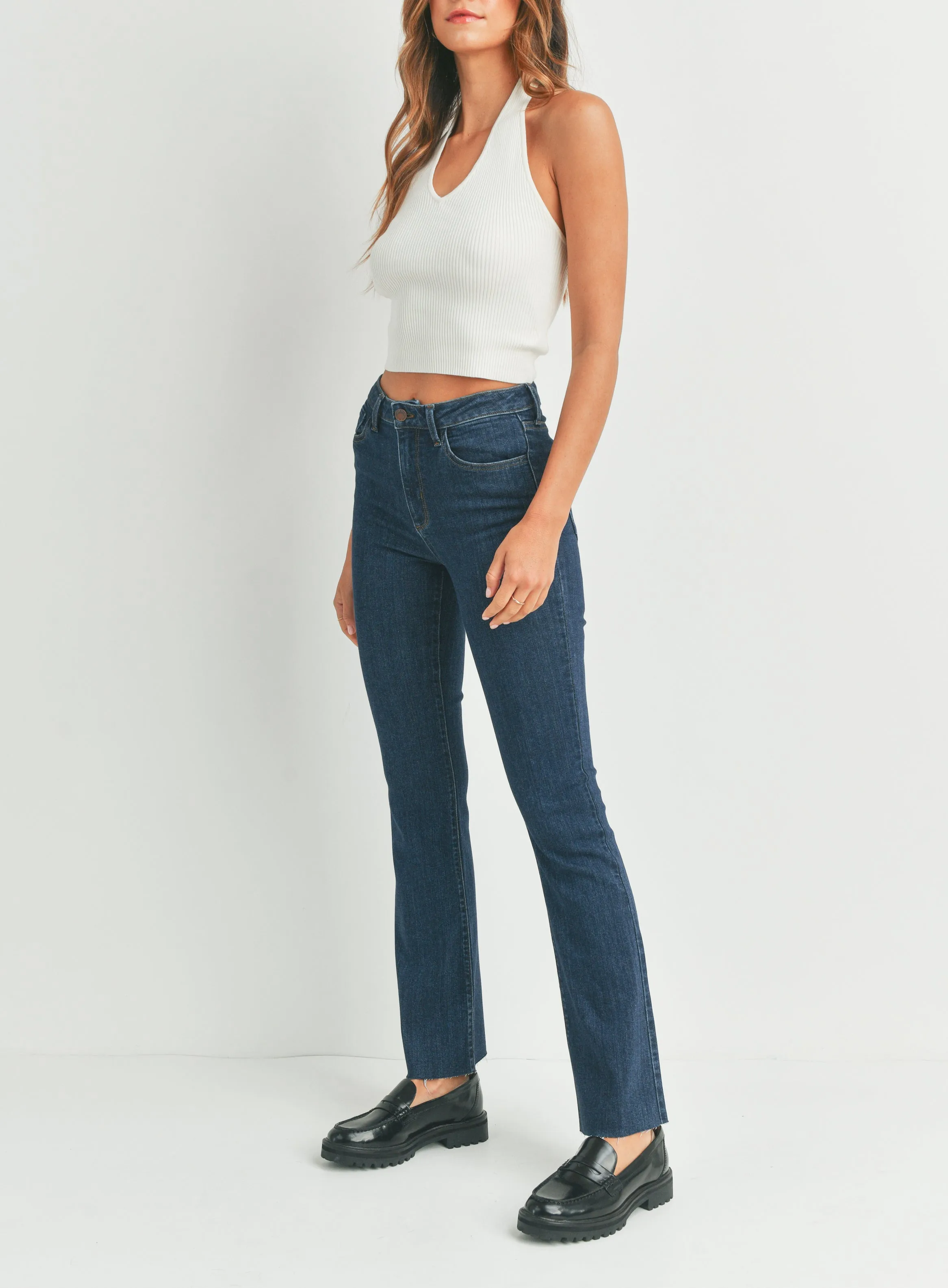 Boot-Ready High Waisted Slim Fit with Scissor Cut Bottom in Dark Wash