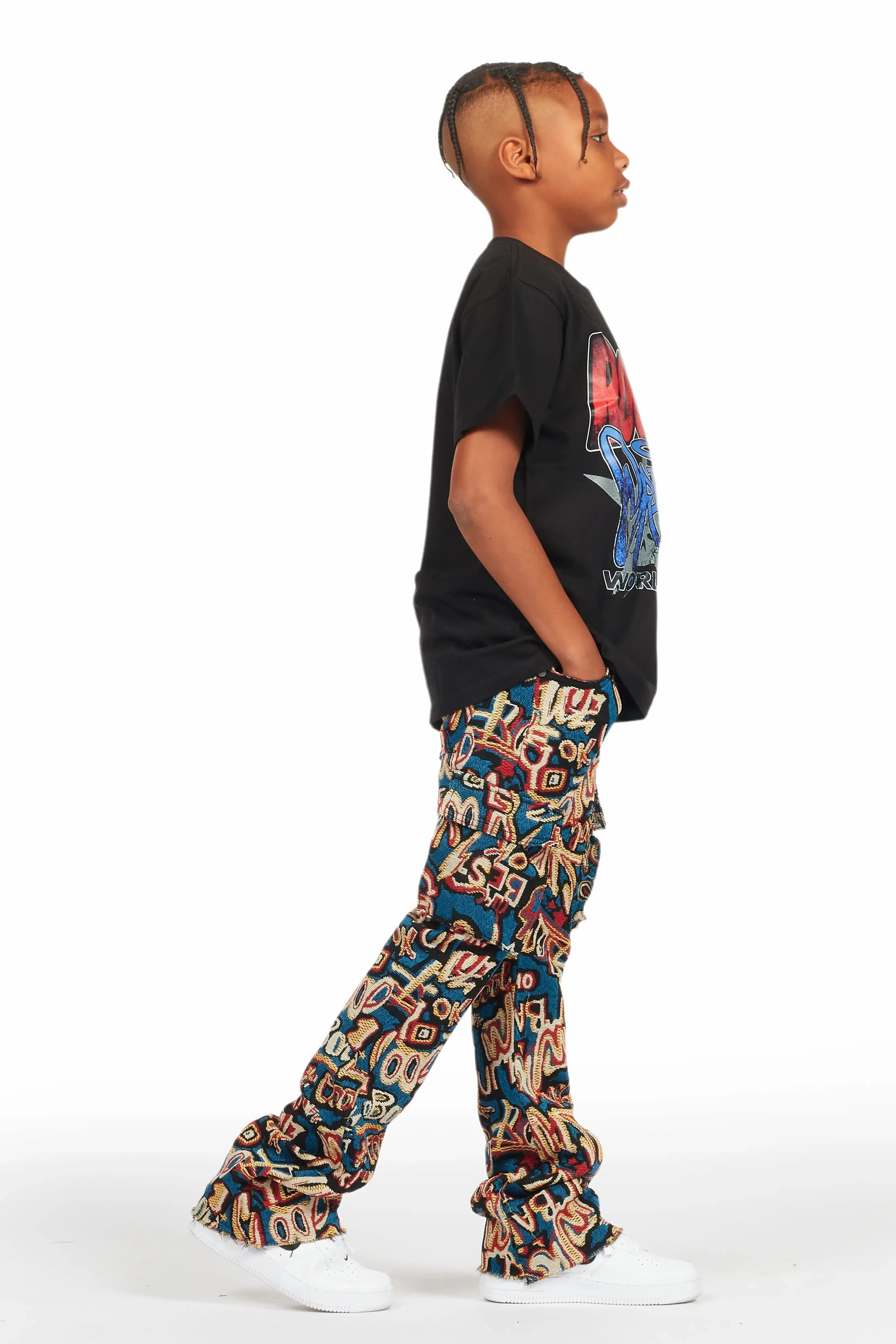 Boys Tyrell Blue Multi Tapestry Stacked Flare Jean