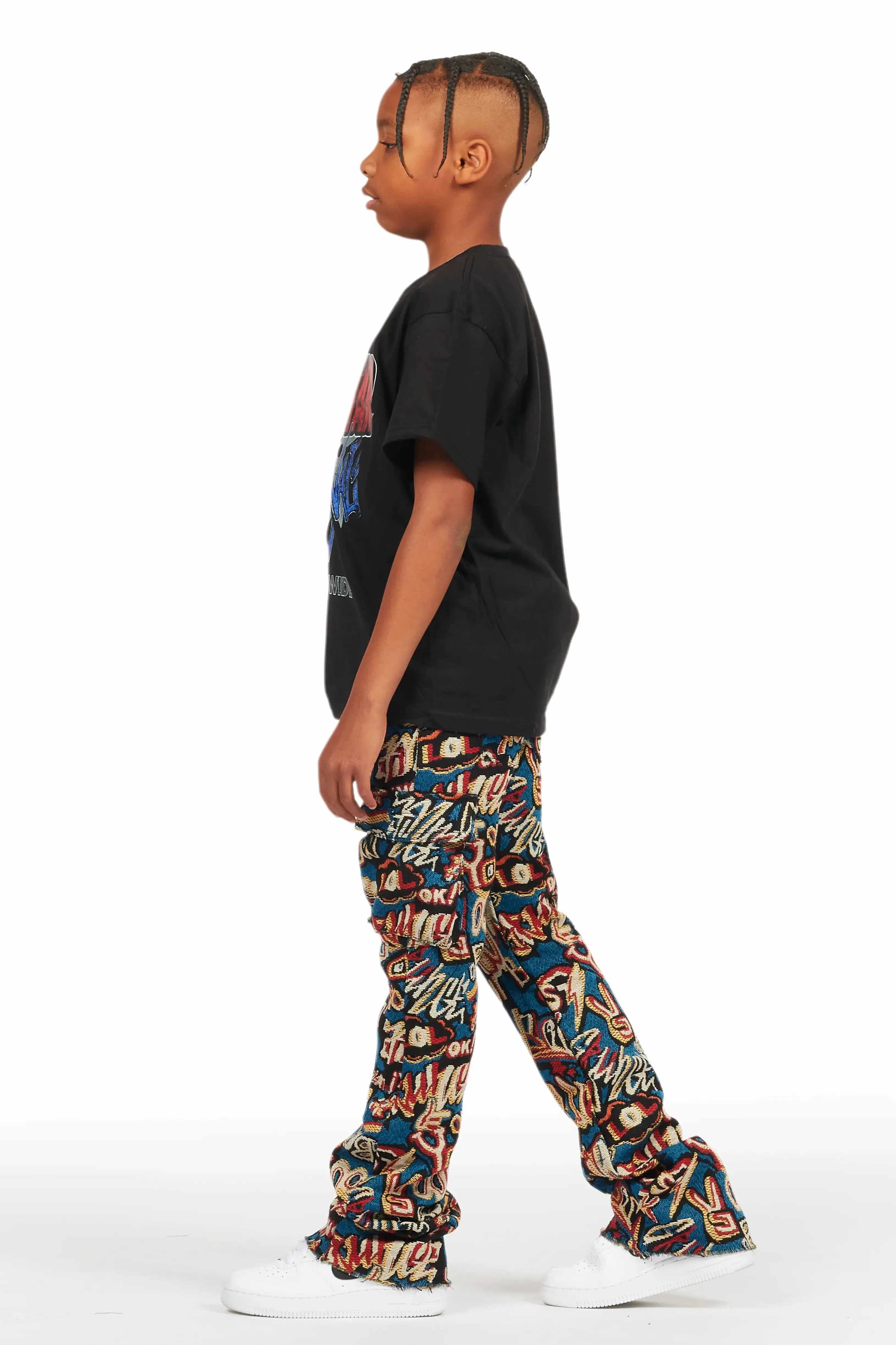 Boys Tyrell Blue Multi Tapestry Stacked Flare Jean