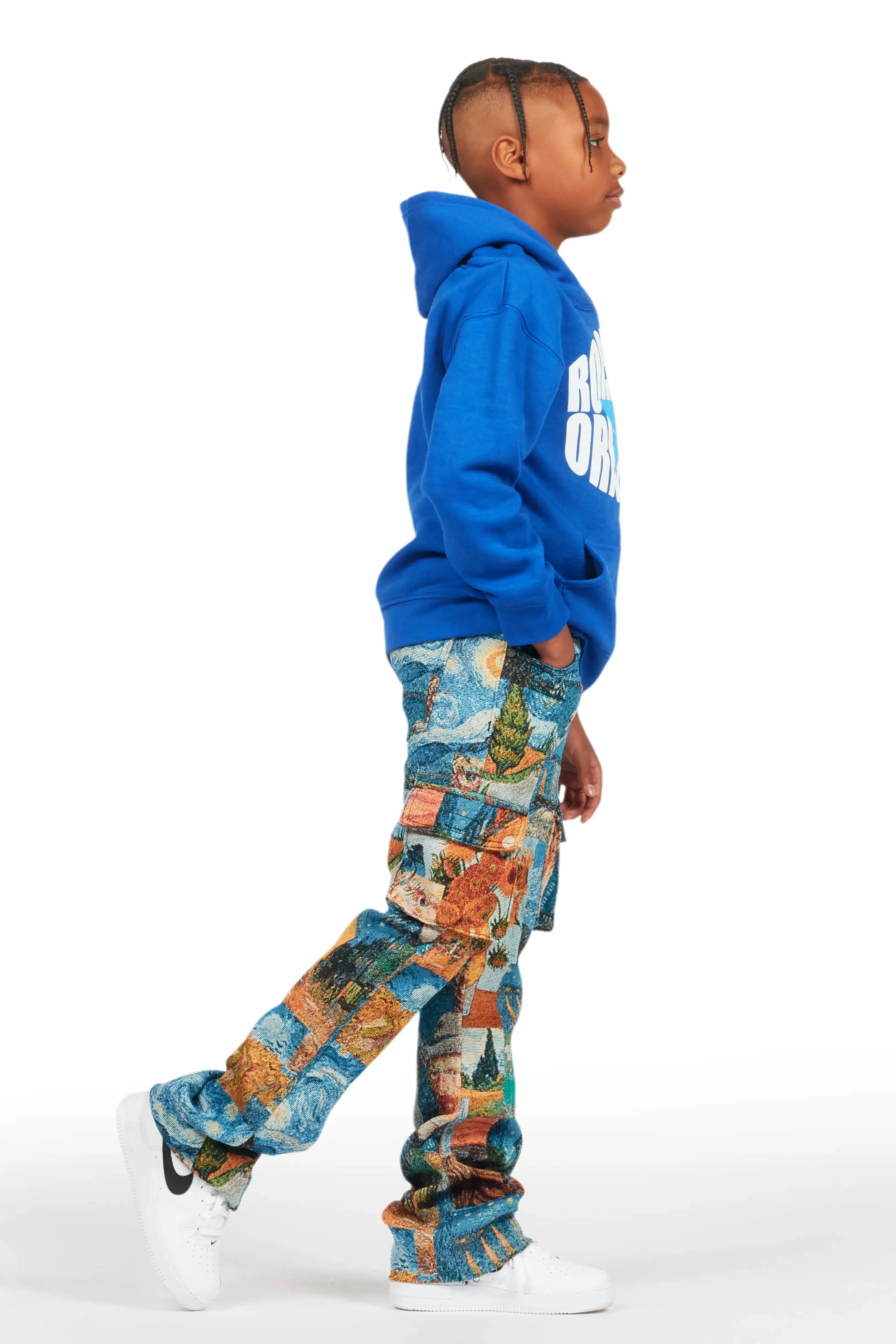 Boys Zaire Blue Multi Tapestry Stacked Flare Jean