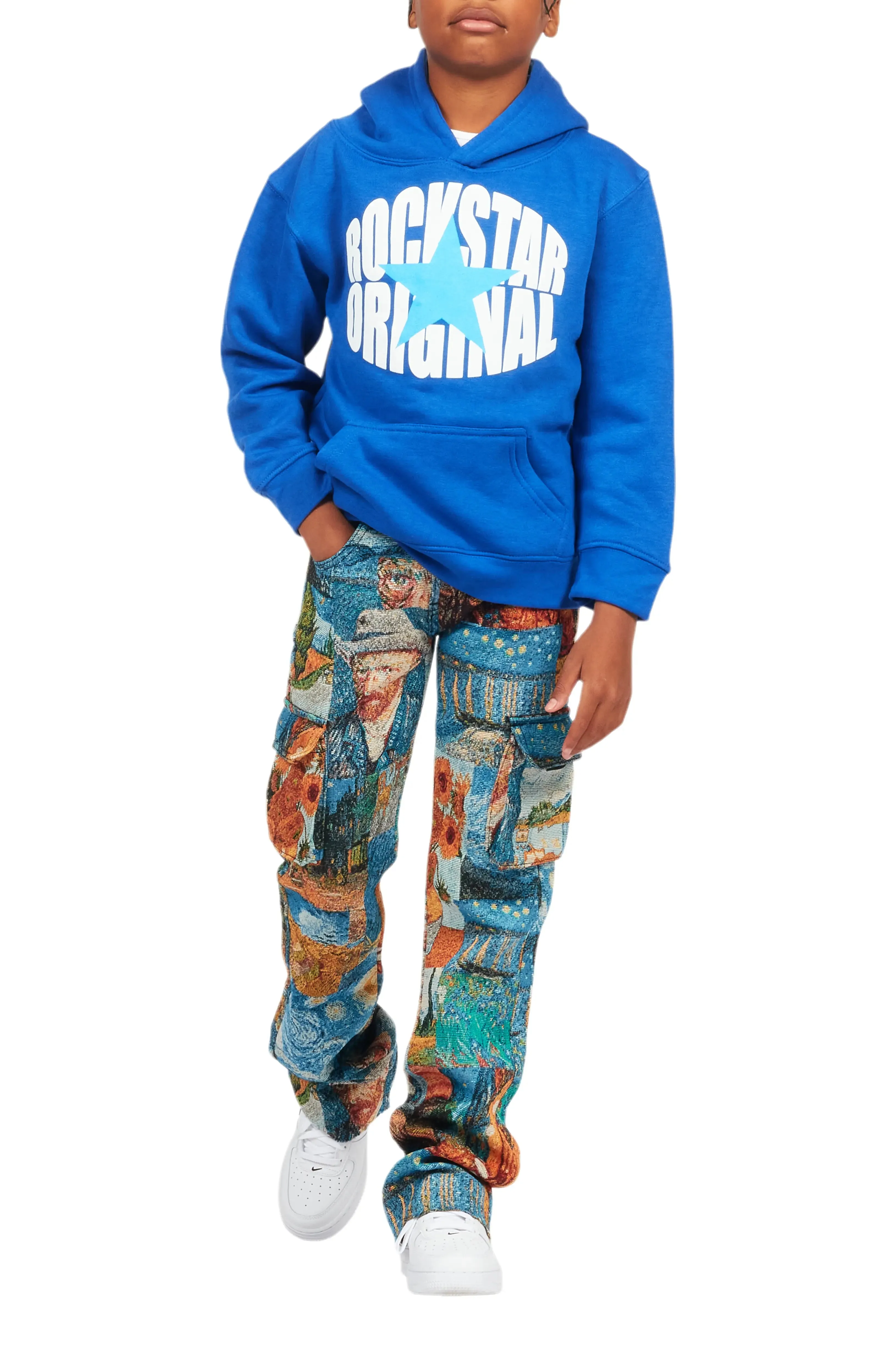 Boys Zaire Blue Multi Tapestry Stacked Flare Jean