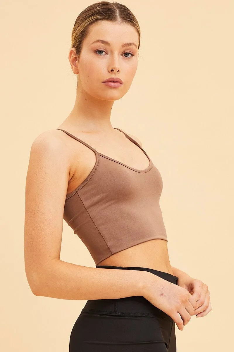 Brown Crop Cami Top Smooth Scoop Neck Sleeveless