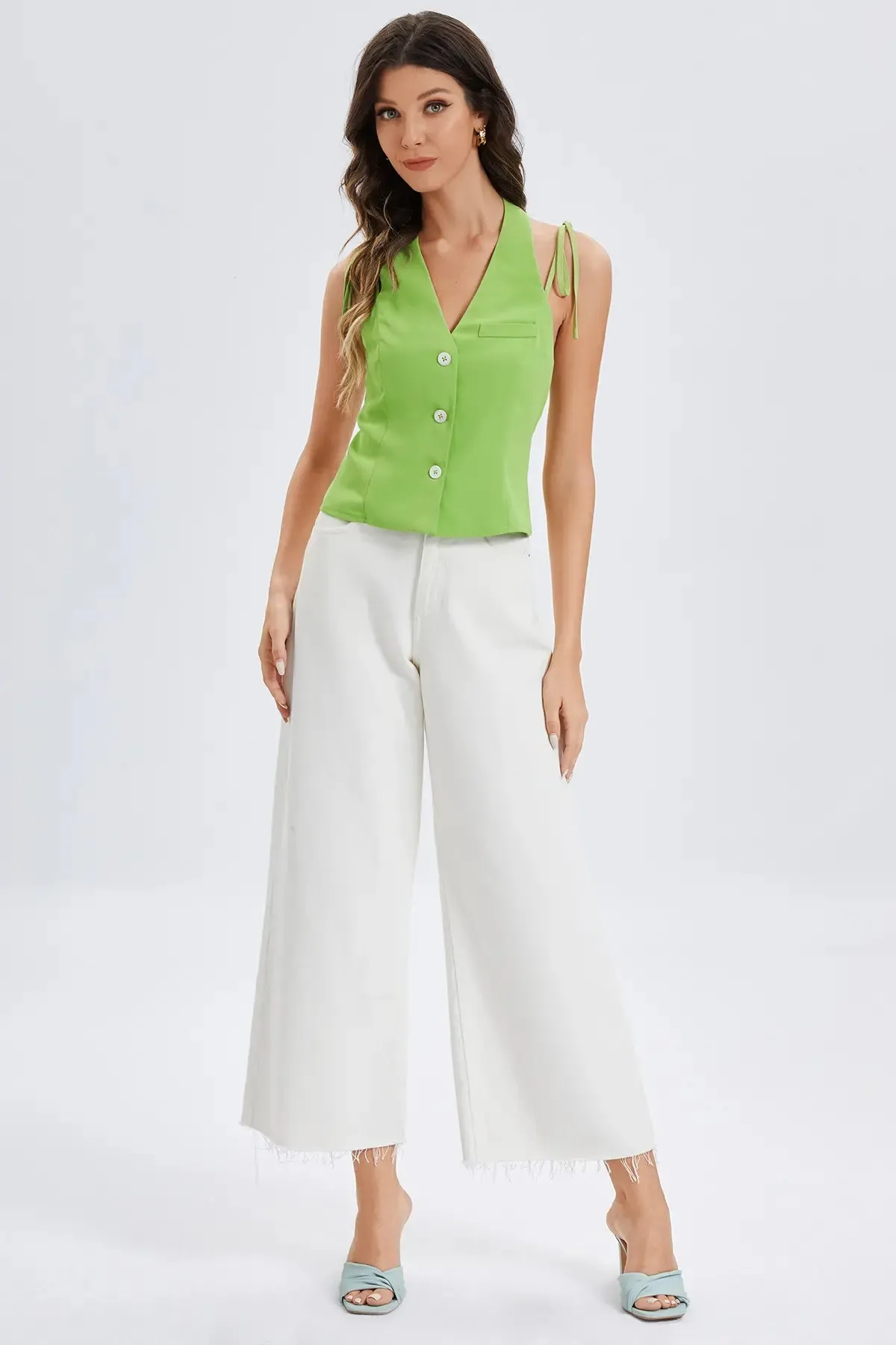 Button Front Tie Shoulder Halter Top