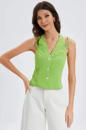 Button Front Tie Shoulder Halter Top