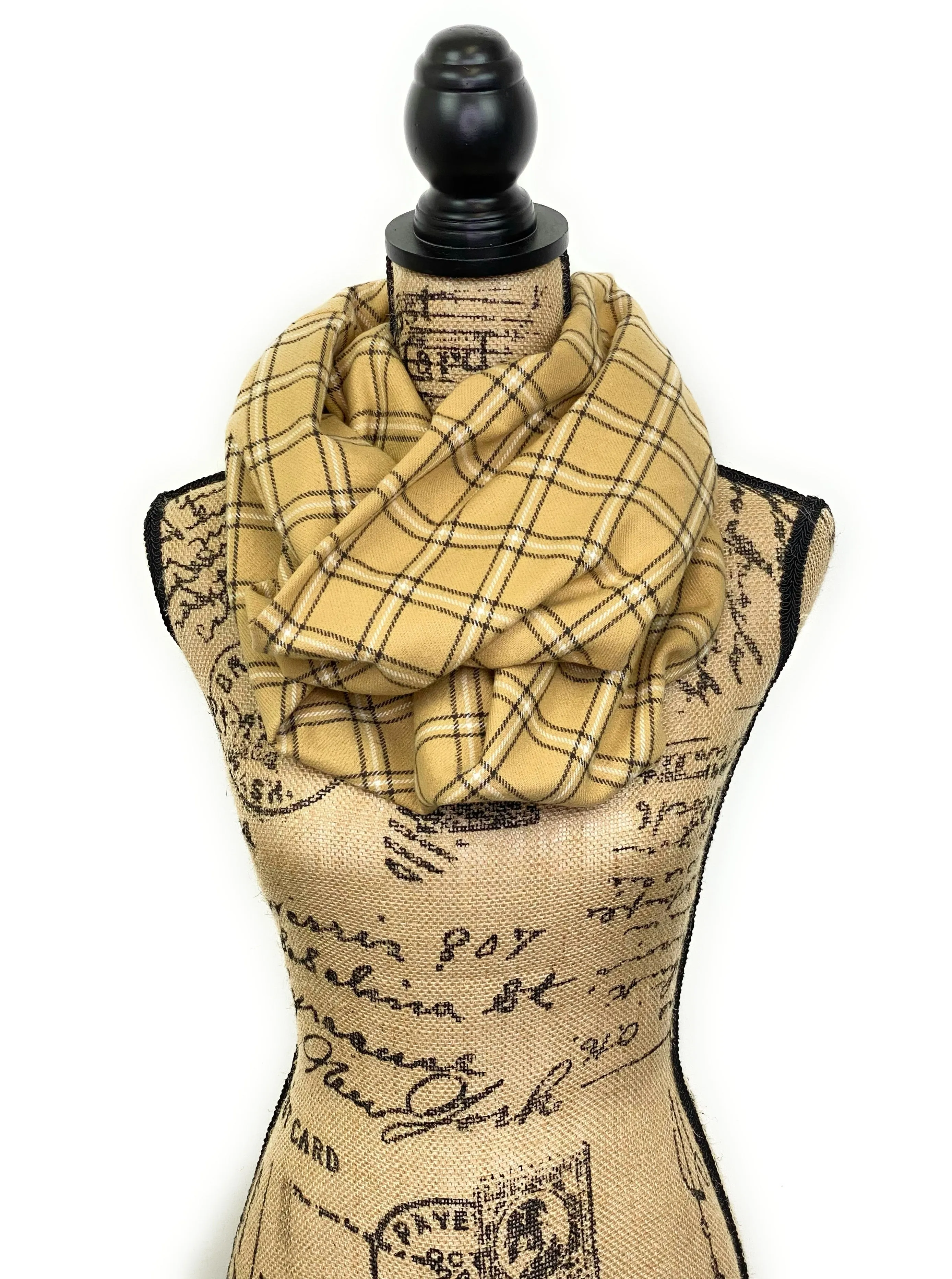 Camel Tan, Gunmetal Gray, and White Plaid Flannel Infinity or Blanket Scarf