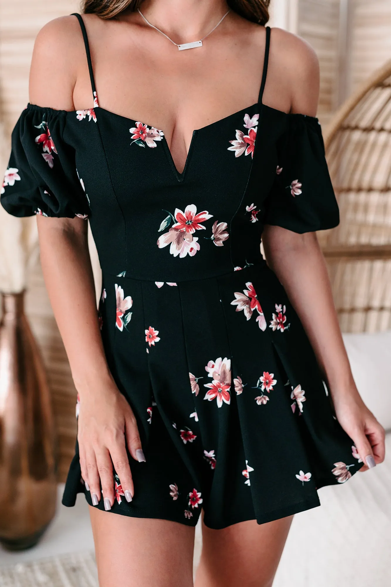 Captivating Beauty Floral Cold Shoulder Romper (Black)