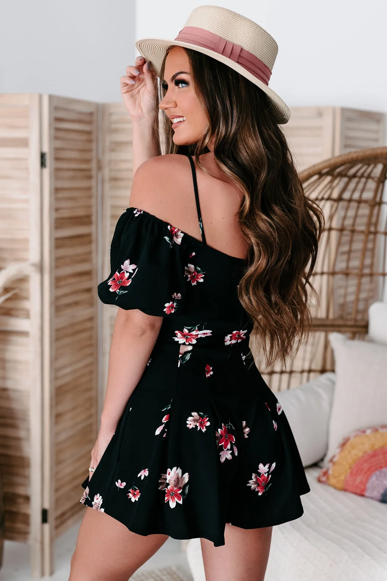 Captivating Beauty Floral Cold Shoulder Romper (Black)