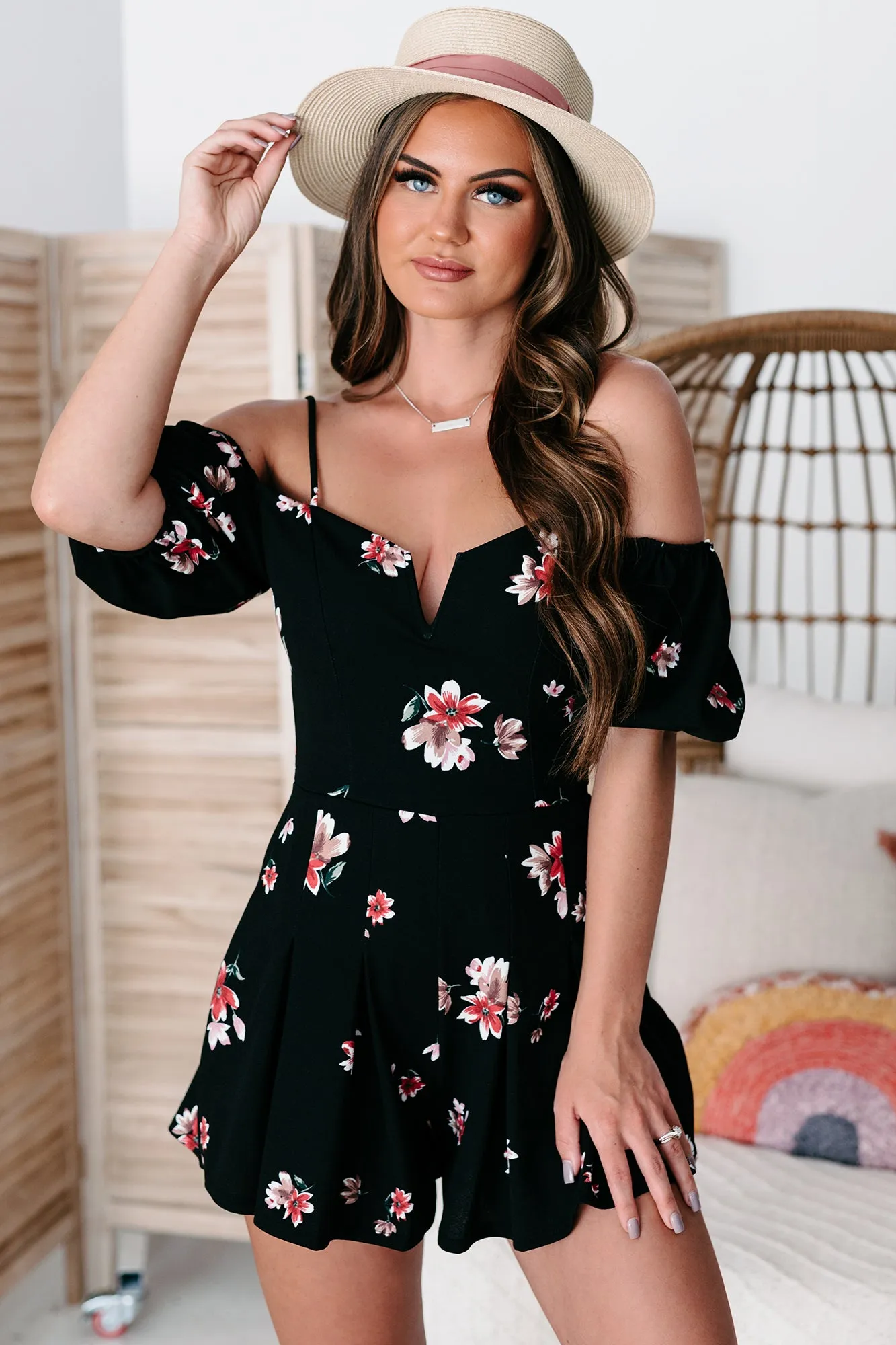 Captivating Beauty Floral Cold Shoulder Romper (Black)