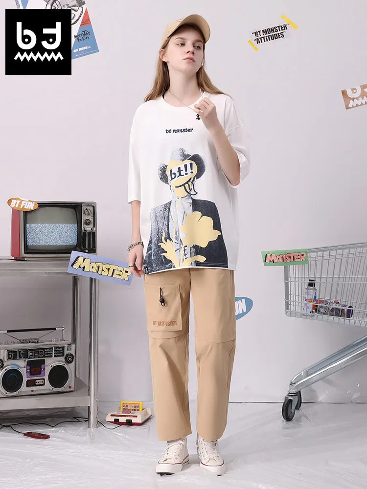 Cargo pneumatic elastic rope pocket letter print loose straight leg casual pants