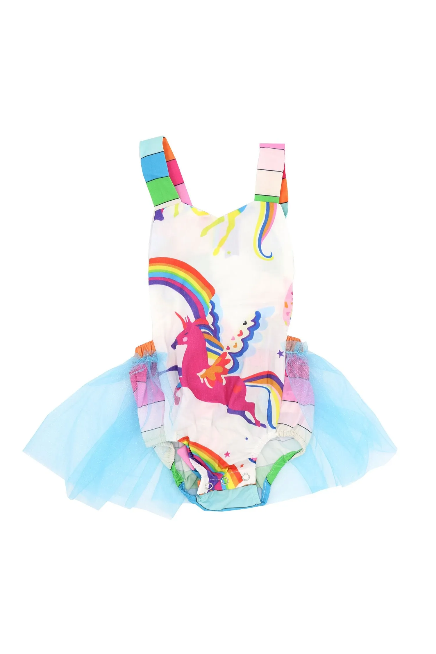 Cartoon Jumpsuits Rainbow Unicorn Bodysuit Printed Tulle Romper