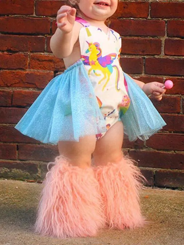 Cartoon Jumpsuits Rainbow Unicorn Bodysuit Printed Tulle Romper