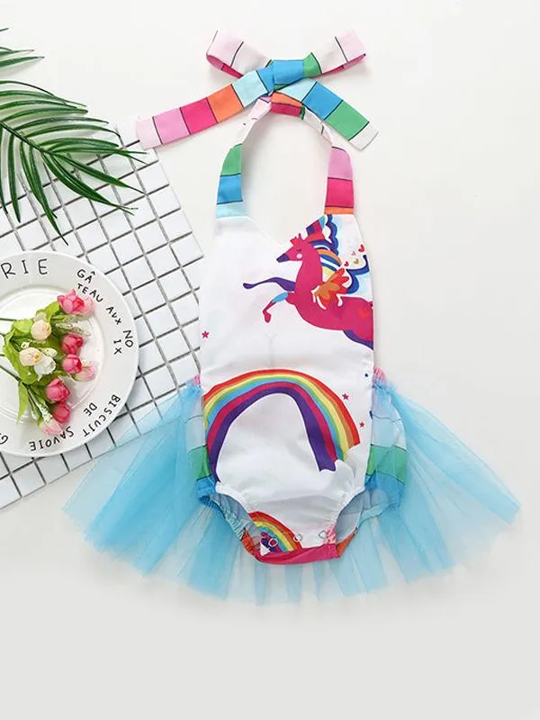 Cartoon Jumpsuits Rainbow Unicorn Bodysuit Printed Tulle Romper