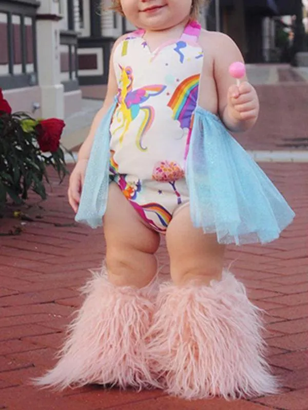 Cartoon Jumpsuits Rainbow Unicorn Bodysuit Printed Tulle Romper