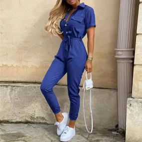 Casual Lapel Buckle Printed Belt Jumpsuit