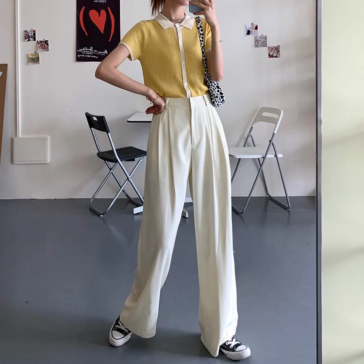 Casual Suits Floor Length Pants Women Summer Korean High Waist Slim Look Thin Straight Drape Loose Wide Leg Pants