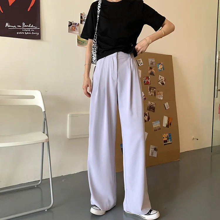 Casual Suits Floor Length Pants Women Summer Korean High Waist Slim Look Thin Straight Drape Loose Wide Leg Pants