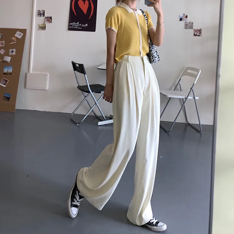 Casual Suits Floor Length Pants Women Summer Korean High Waist Slim Look Thin Straight Drape Loose Wide Leg Pants