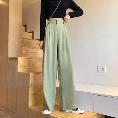 Casual Suits Floor Length Pants Women Summer Korean High Waist Slim Look Thin Straight Drape Loose Wide Leg Pants