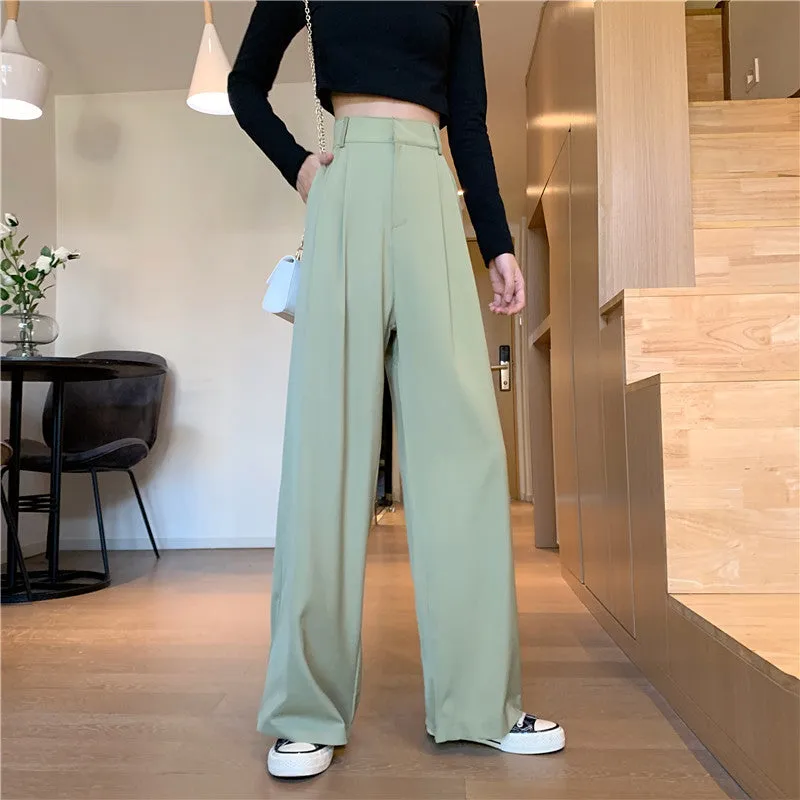 Casual Suits Floor Length Pants Women Summer Korean High Waist Slim Look Thin Straight Drape Loose Wide Leg Pants