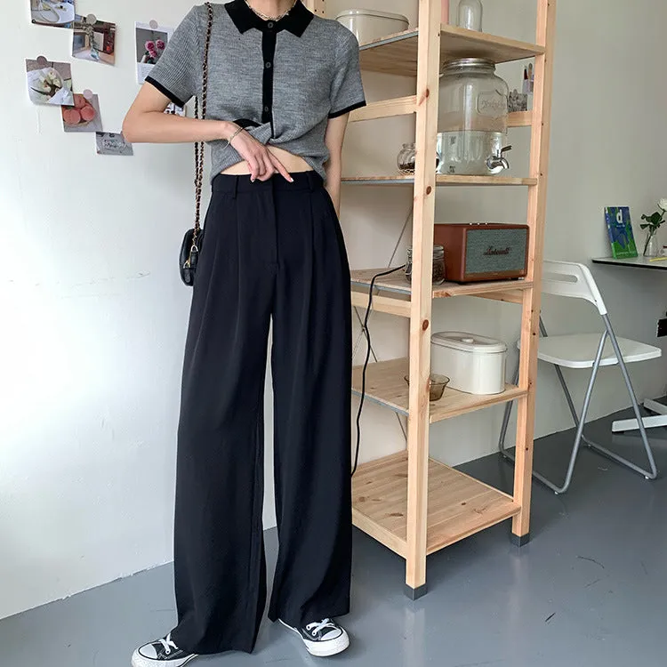 Casual Suits Floor Length Pants Women Summer Korean High Waist Slim Look Thin Straight Drape Loose Wide Leg Pants