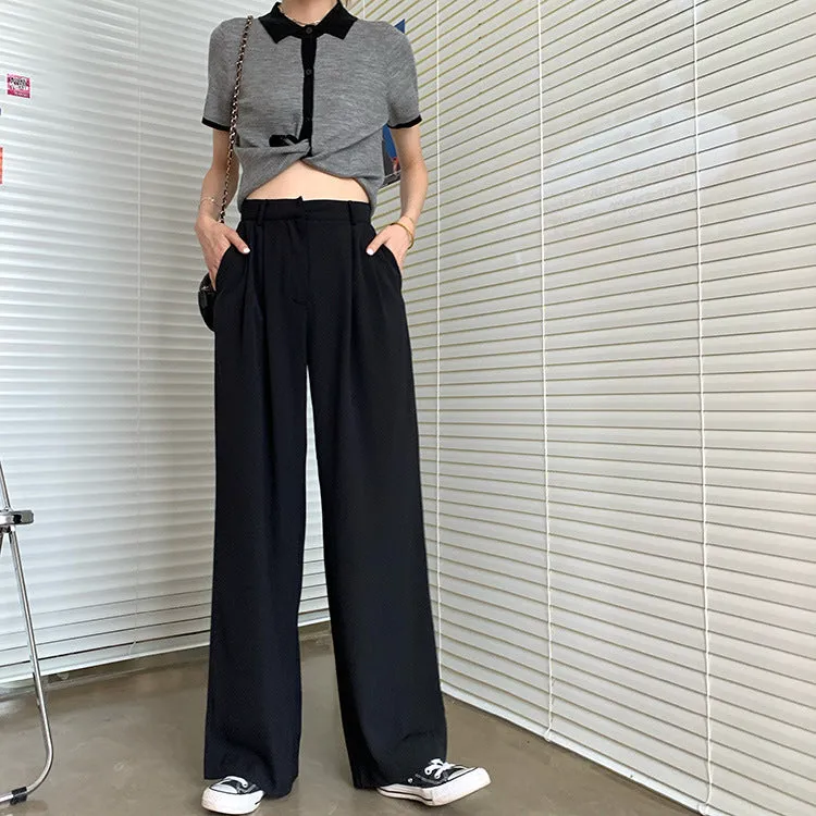 Casual Suits Floor Length Pants Women Summer Korean High Waist Slim Look Thin Straight Drape Loose Wide Leg Pants