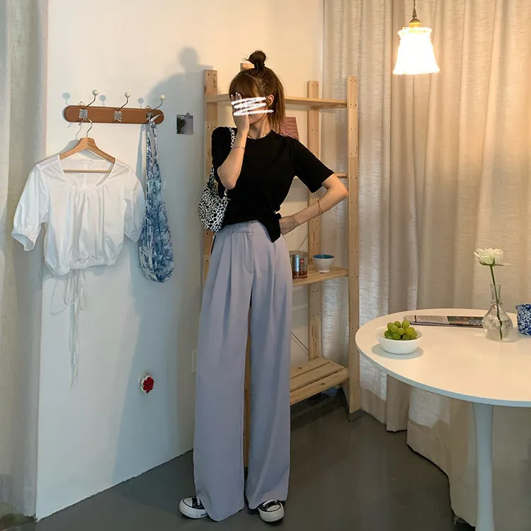 Casual Suits Floor Length Pants Women Summer Korean High Waist Slim Look Thin Straight Drape Loose Wide Leg Pants