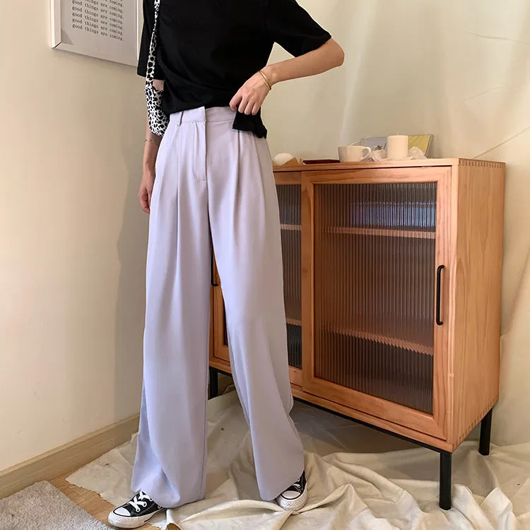 Casual Suits Floor Length Pants Women Summer Korean High Waist Slim Look Thin Straight Drape Loose Wide Leg Pants