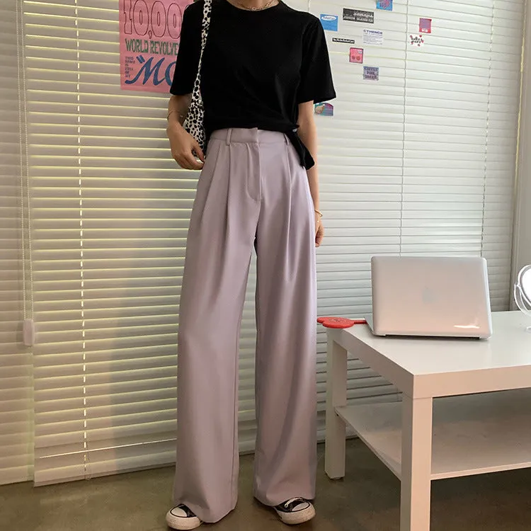 Casual Suits Floor Length Pants Women Summer Korean High Waist Slim Look Thin Straight Drape Loose Wide Leg Pants