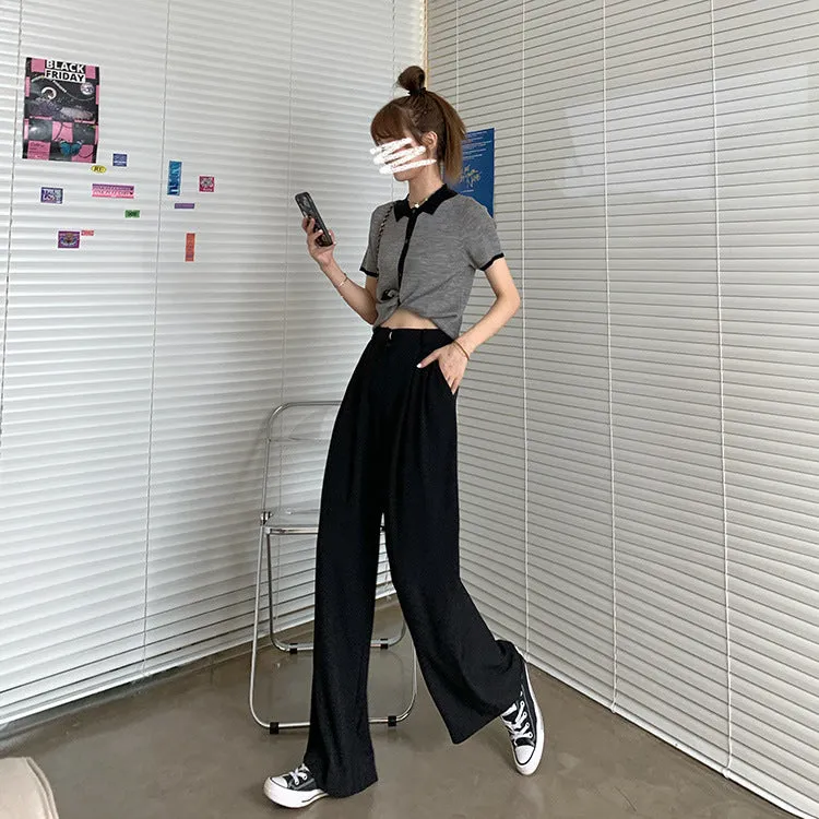 Casual Suits Floor Length Pants Women Summer Korean High Waist Slim Look Thin Straight Drape Loose Wide Leg Pants