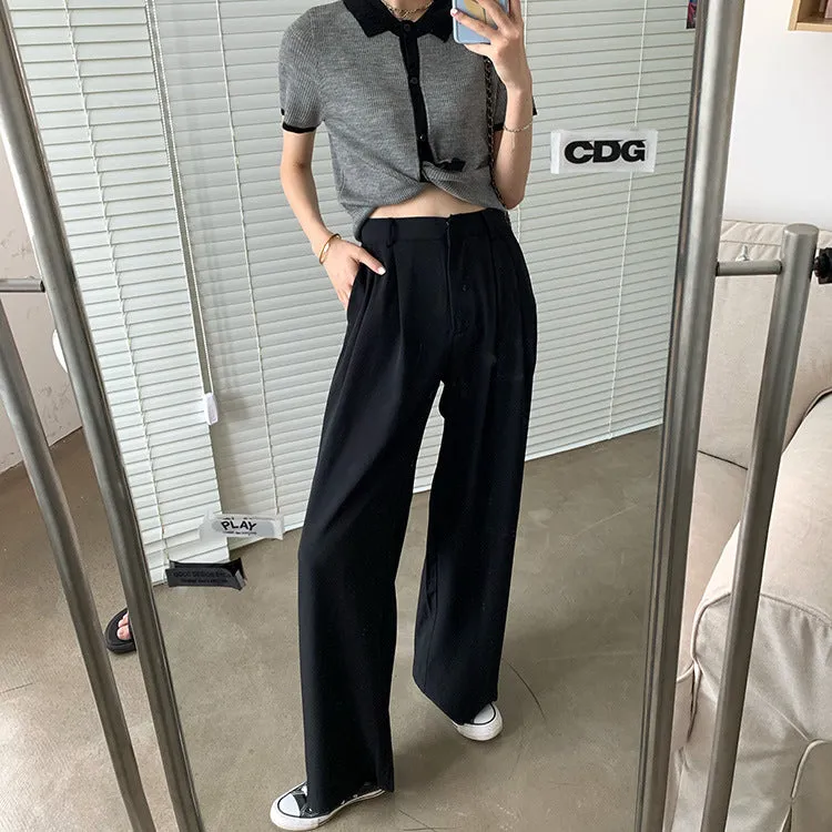 Casual Suits Floor Length Pants Women Summer Korean High Waist Slim Look Thin Straight Drape Loose Wide Leg Pants