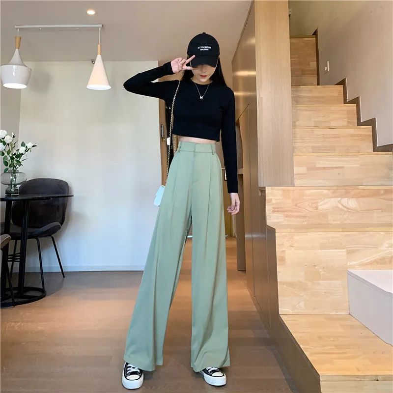 Casual Suits Floor Length Pants Women Summer Korean High Waist Slim Look Thin Straight Drape Loose Wide Leg Pants