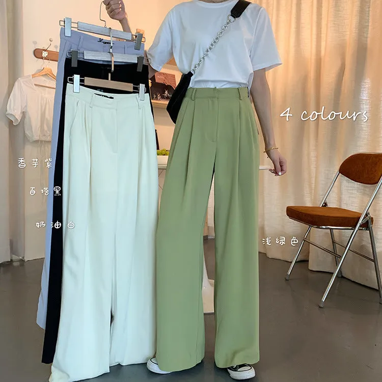 Casual Suits Floor Length Pants Women Summer Korean High Waist Slim Look Thin Straight Drape Loose Wide Leg Pants