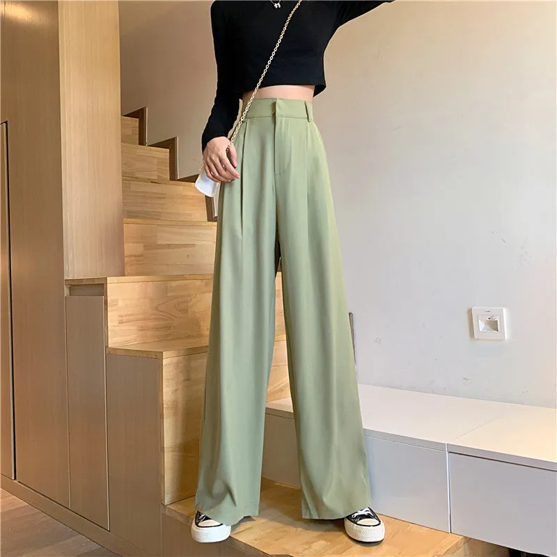 Casual Suits Floor Length Pants Women Summer Korean High Waist Slim Look Thin Straight Drape Loose Wide Leg Pants