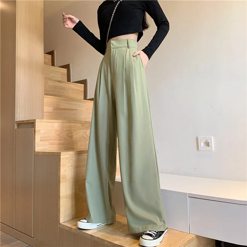 Casual Suits Floor Length Pants Women Summer Korean High Waist Slim Look Thin Straight Drape Loose Wide Leg Pants