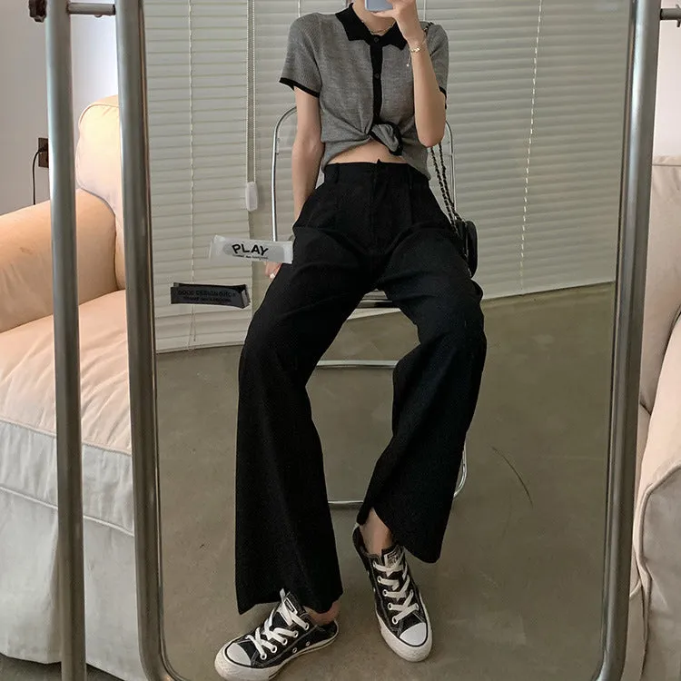 Casual Suits Floor Length Pants Women Summer Korean High Waist Slim Look Thin Straight Drape Loose Wide Leg Pants