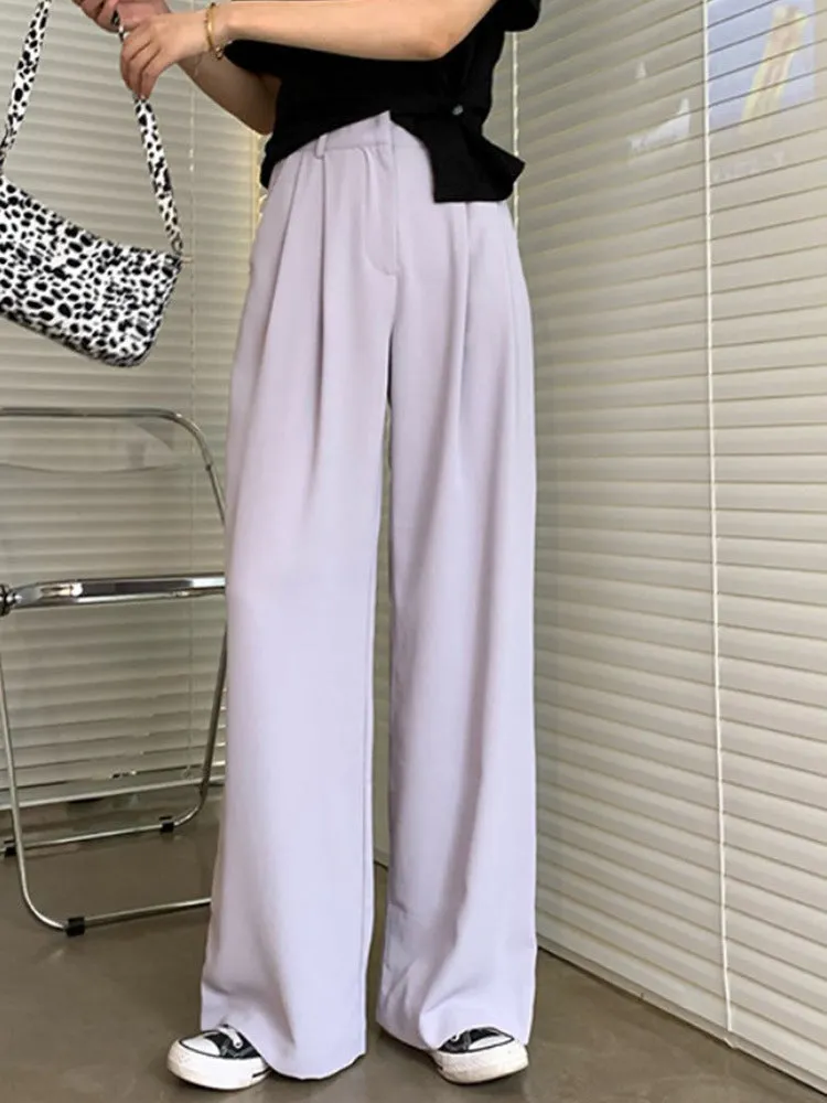 Casual Suits Floor Length Pants Women Summer Korean High Waist Slim Look Thin Straight Drape Loose Wide Leg Pants