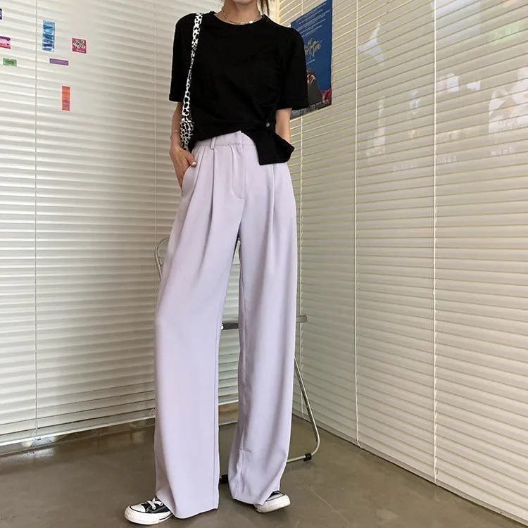 Casual Suits Floor Length Pants Women Summer Korean High Waist Slim Look Thin Straight Drape Loose Wide Leg Pants