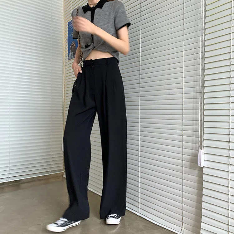 Casual Suits Floor Length Pants Women Summer Korean High Waist Slim Look Thin Straight Drape Loose Wide Leg Pants