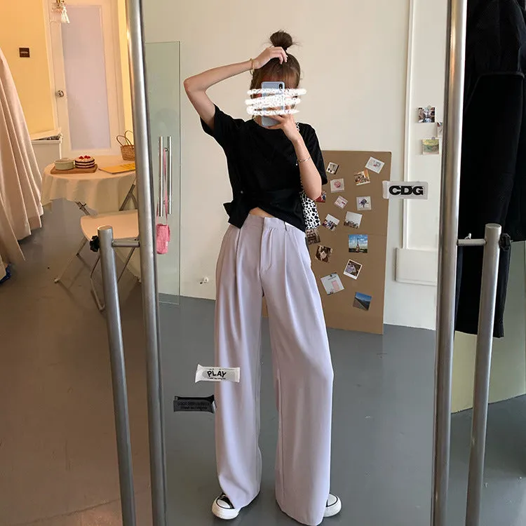 Casual Suits Floor Length Pants Women Summer Korean High Waist Slim Look Thin Straight Drape Loose Wide Leg Pants