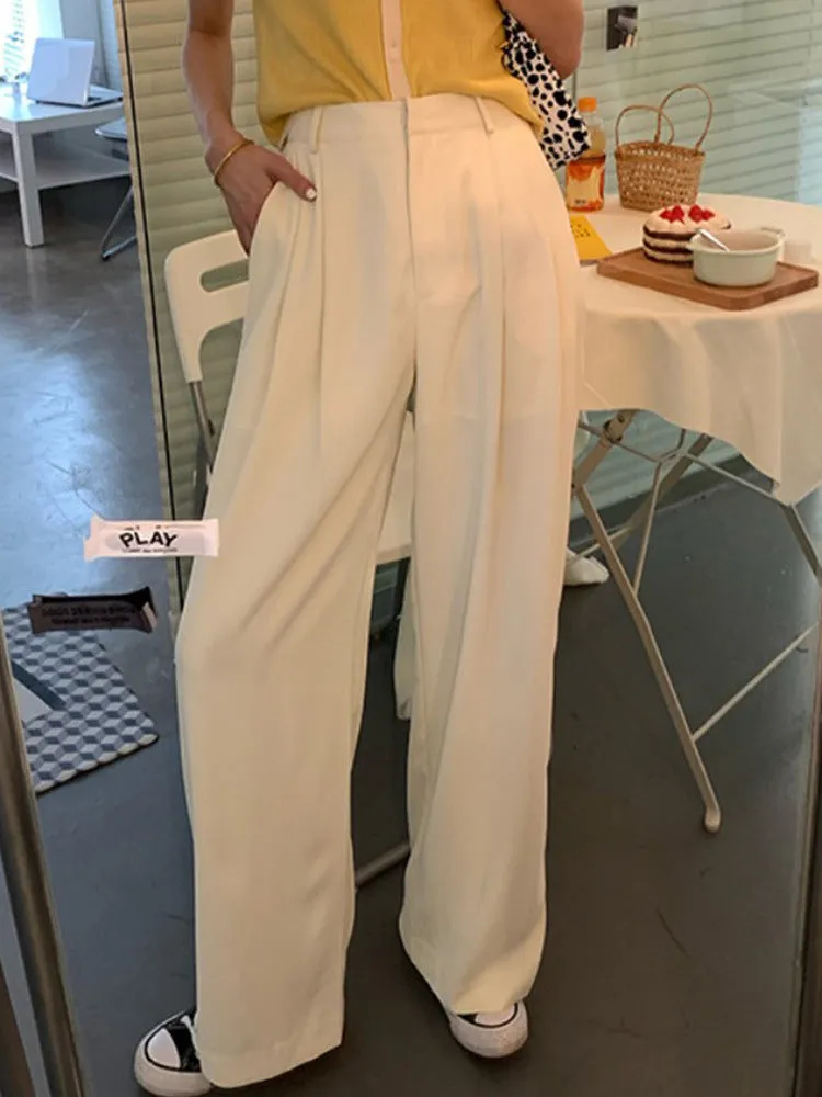 Casual Suits Floor Length Pants Women Summer Korean High Waist Slim Look Thin Straight Drape Loose Wide Leg Pants