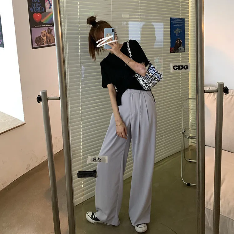 Casual Suits Floor Length Pants Women Summer Korean High Waist Slim Look Thin Straight Drape Loose Wide Leg Pants