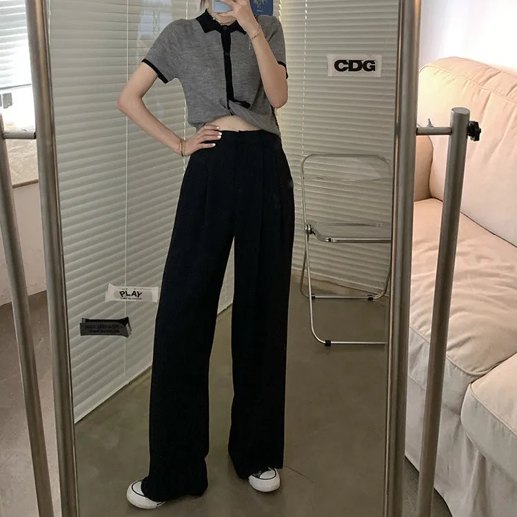 Casual Suits Floor Length Pants Women Summer Korean High Waist Slim Look Thin Straight Drape Loose Wide Leg Pants