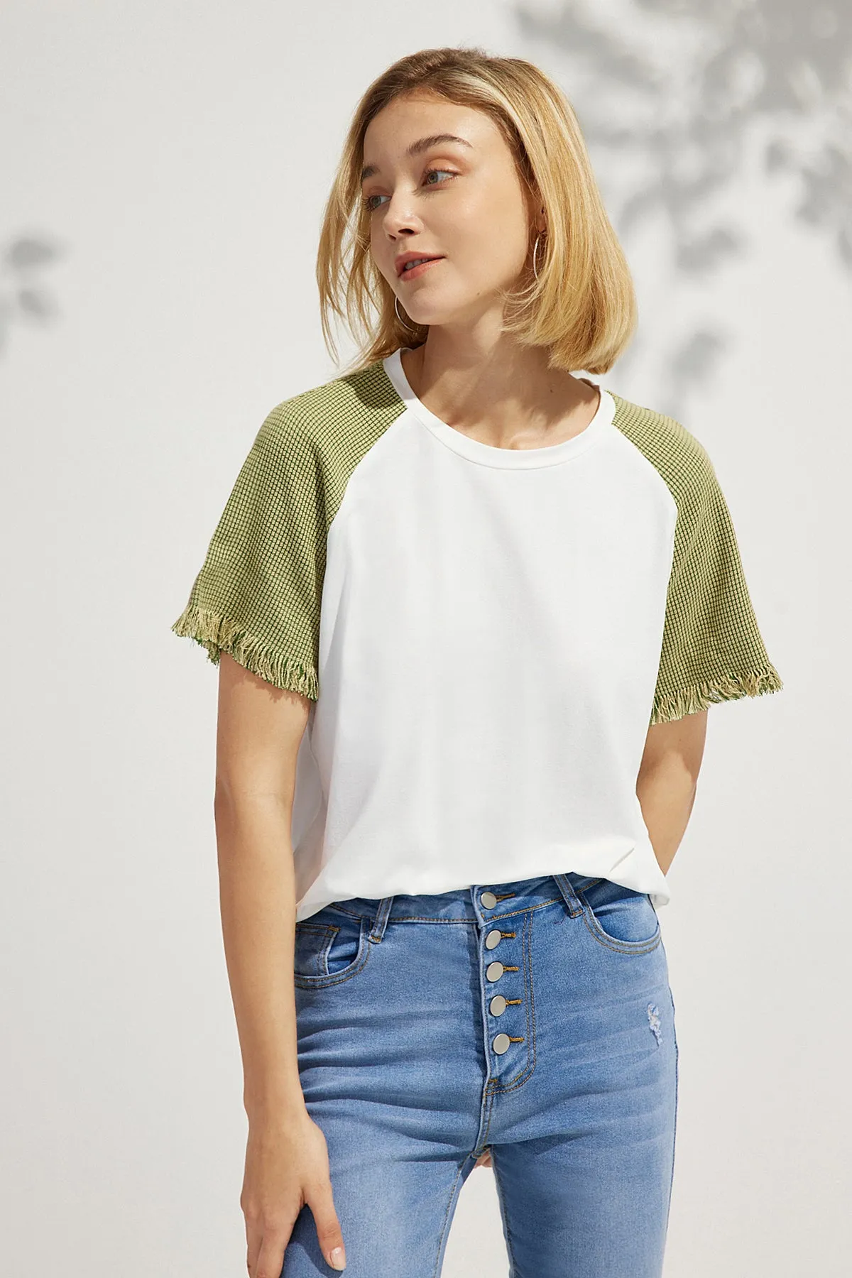 Chic  Colorblock Fringe Round Neck T-Shirt