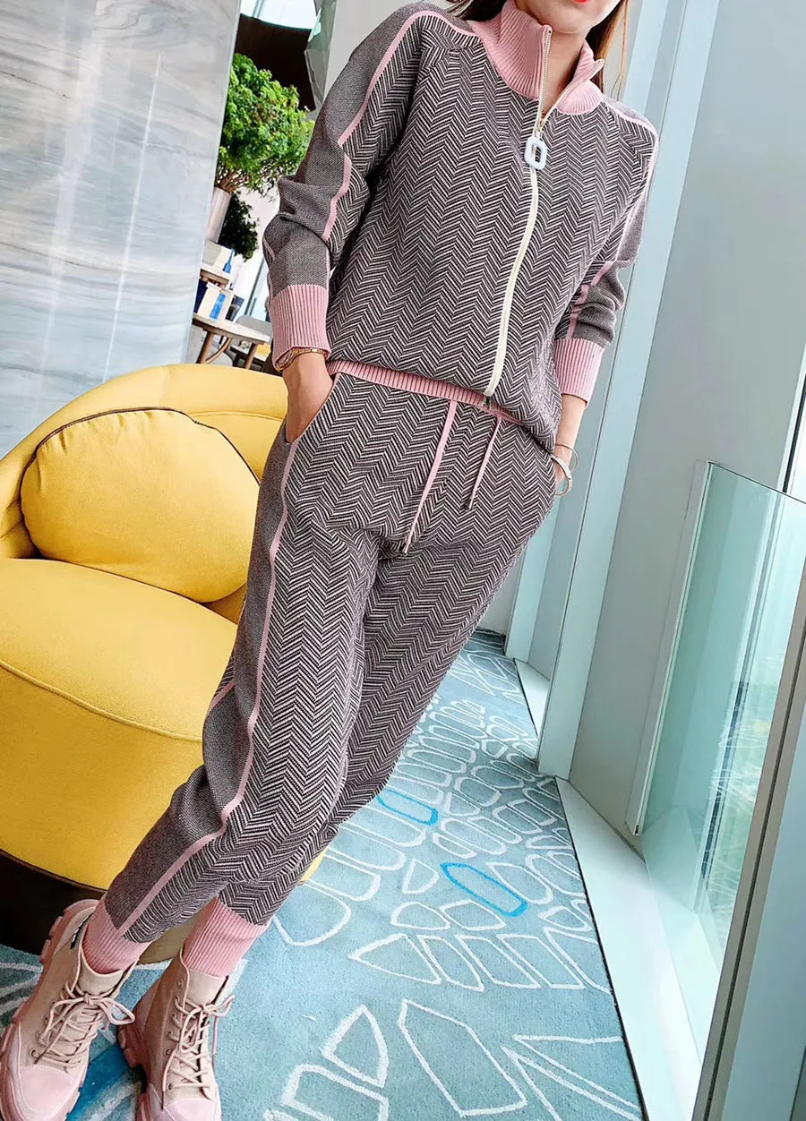 Comfortable and Convenient Women Knitted Long Sleeve Two Piece Autumn Winter Ribbed Printed Fashion Tracksuit Pant Suit Outwear 2XL S4665248