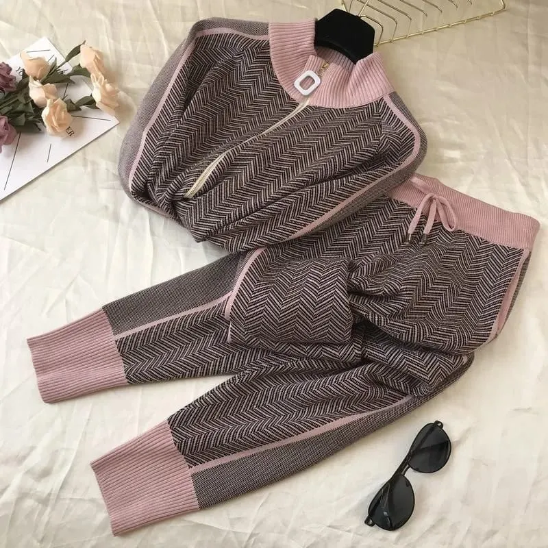 Comfortable and Convenient Women Knitted Long Sleeve Two Piece Autumn Winter Ribbed Printed Fashion Tracksuit Pant Suit Outwear 2XL S4665248