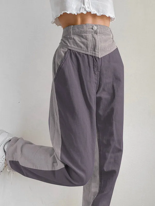 Corduroy Patchwork High Waist Straight Pants