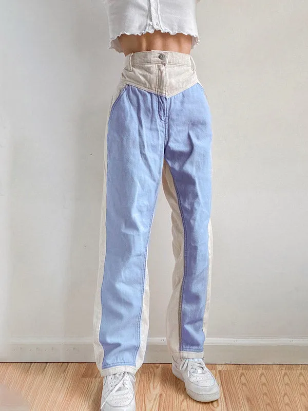 Corduroy Patchwork High Waist Straight Pants