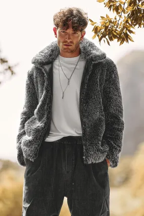 Dark Gray Winter Men's Lapel Faux Fur Short Coat